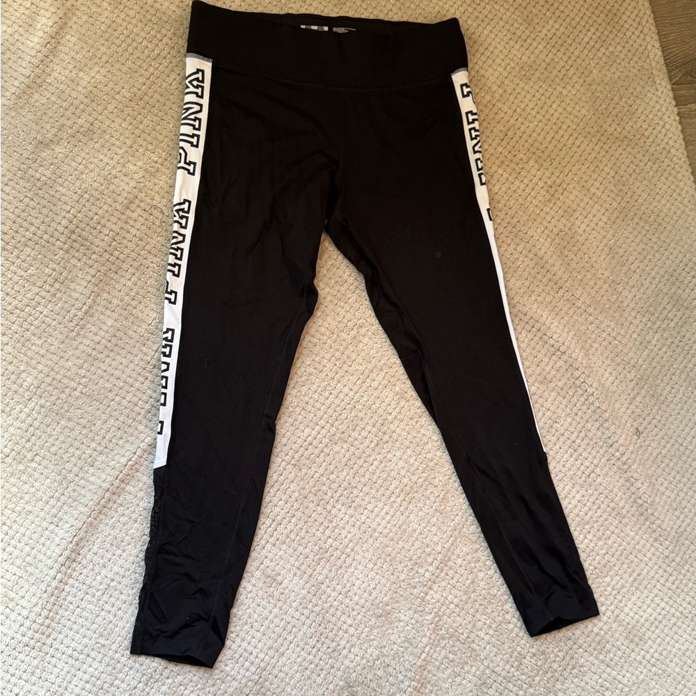 PINK Victoria's Secret Black Leggings with White Logo Stripes